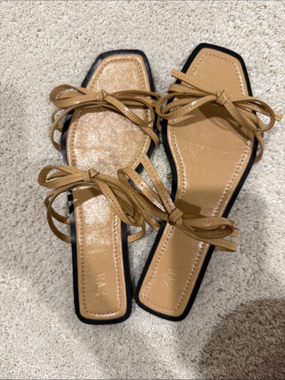Zara Beige/Tan Strappy Square-Toe Flat Sandals